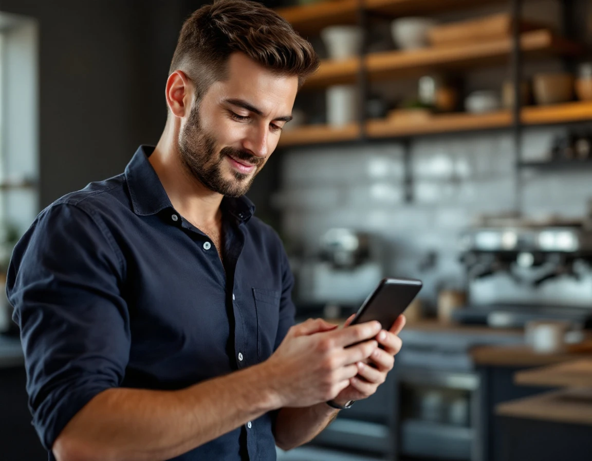 Manager checking mobile feedback from team members in workplace kitchen area with natural lighting