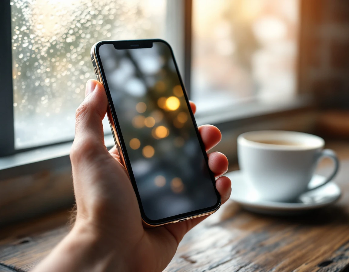 Smartphone held near window with coffee cup, screen blurred and illegible, natural office lighting