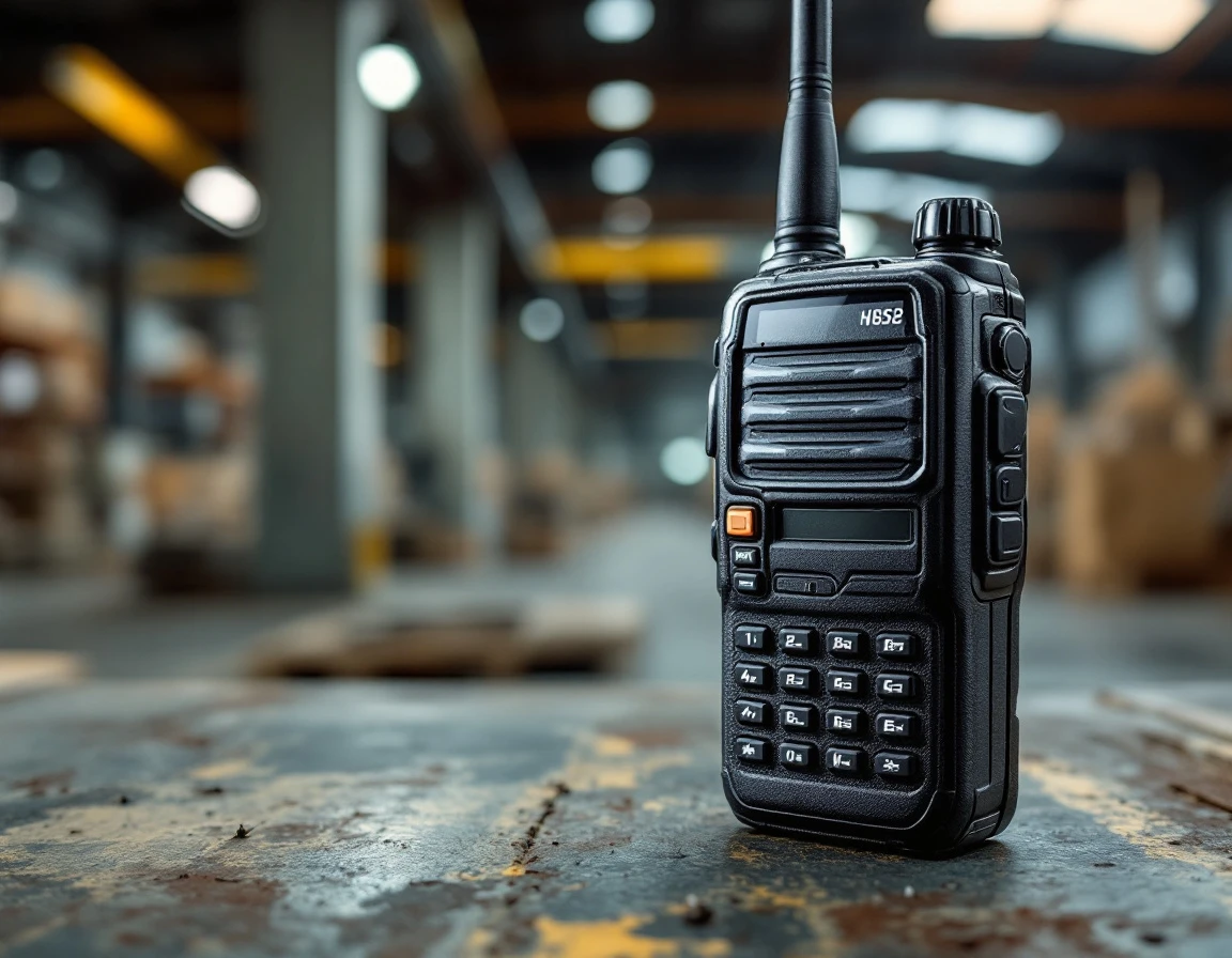 Two-way radio communication device on industrial work desk in warehouse environment