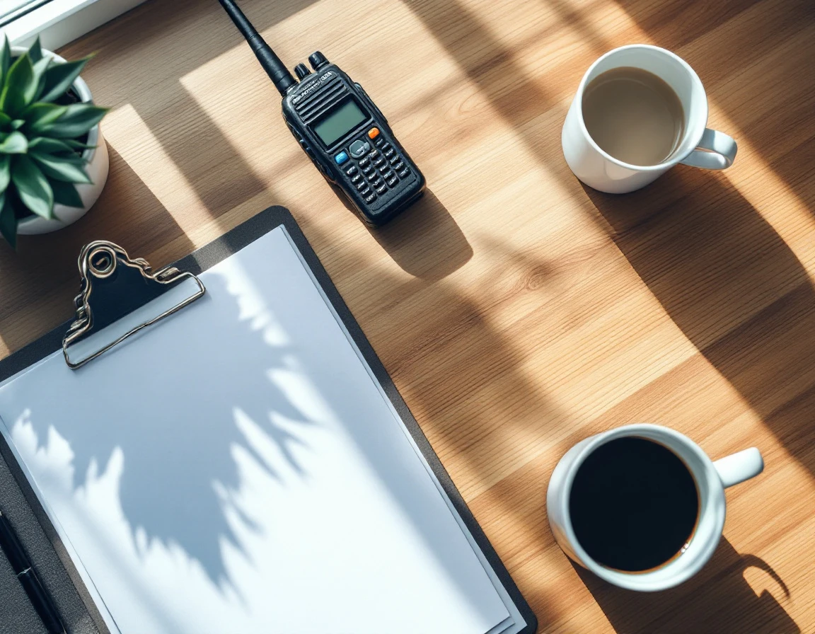 Workplace desk with two-way radio, blank notepad, clipboard, coffee mug, and pen arranged for communication planning