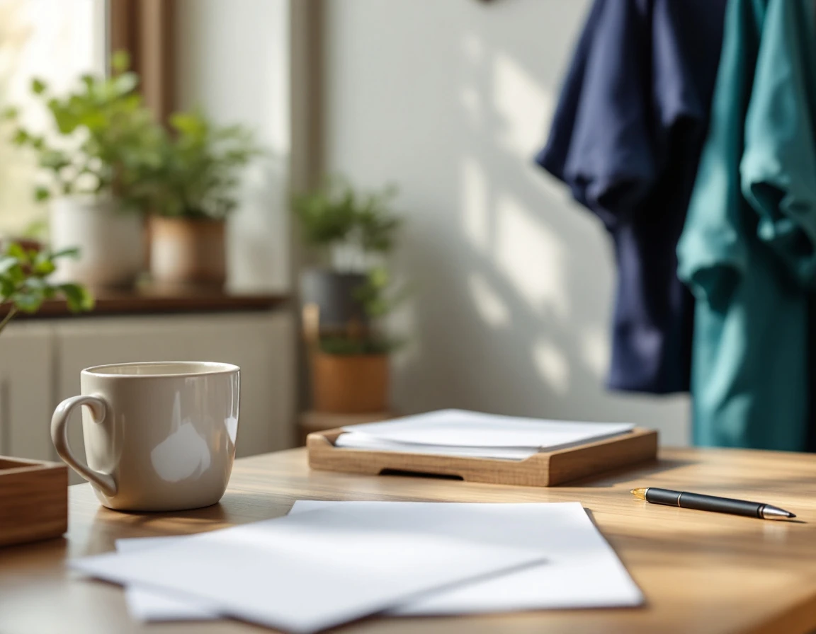 Healthcare scheduling desk with blank papers, coffee mug, and medical scrubs hanging on wooden rack