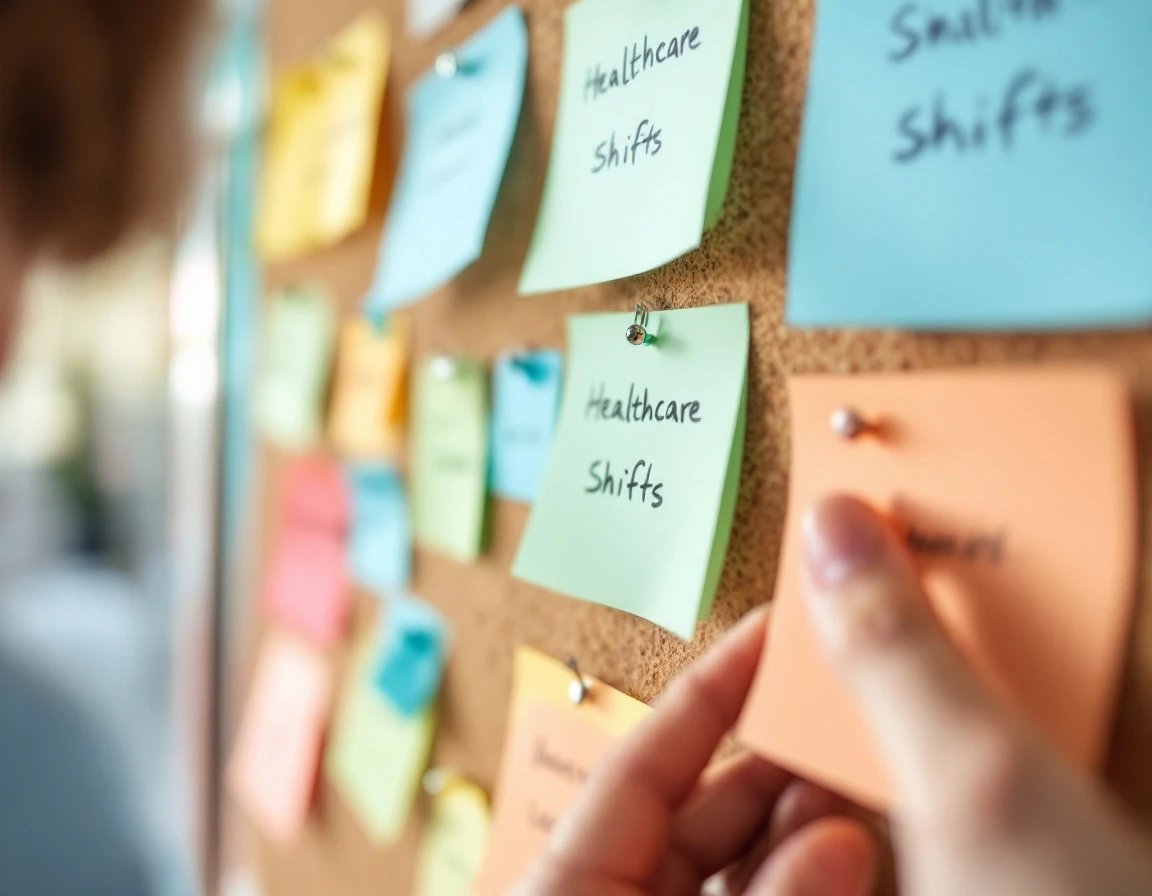 Color-coded sticky notes on cork board representing healthcare shift scheduling without visible text