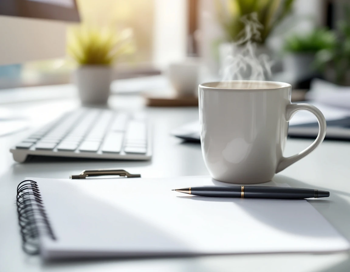 Organized healthcare workspace with coffee mug, pen, and blank notepad on clean desk surface