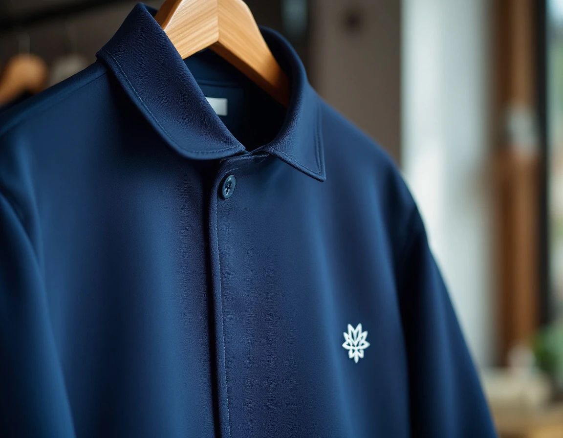 Navy blue employee uniform jacket with professional tailoring and embroidered detail on wooden hanger