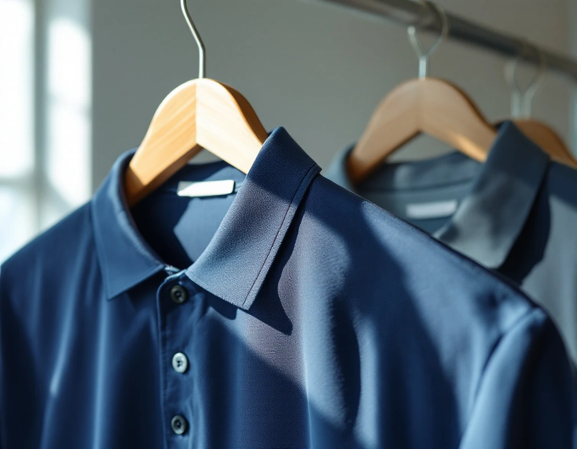 Navy blue polo shirt on wooden hanger showcasing corporate uniform fabric quality and presentation