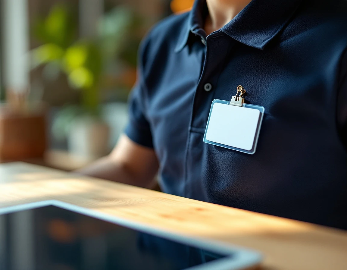 Retail employee uniform with name badge and mobile device on counter in natural lighting