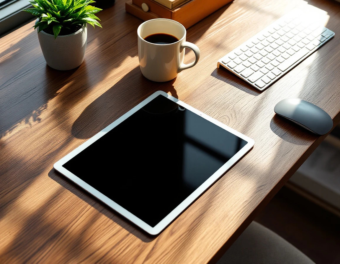 Minimalist desk workspace with tablet, coffee, and office accessories in natural morning light