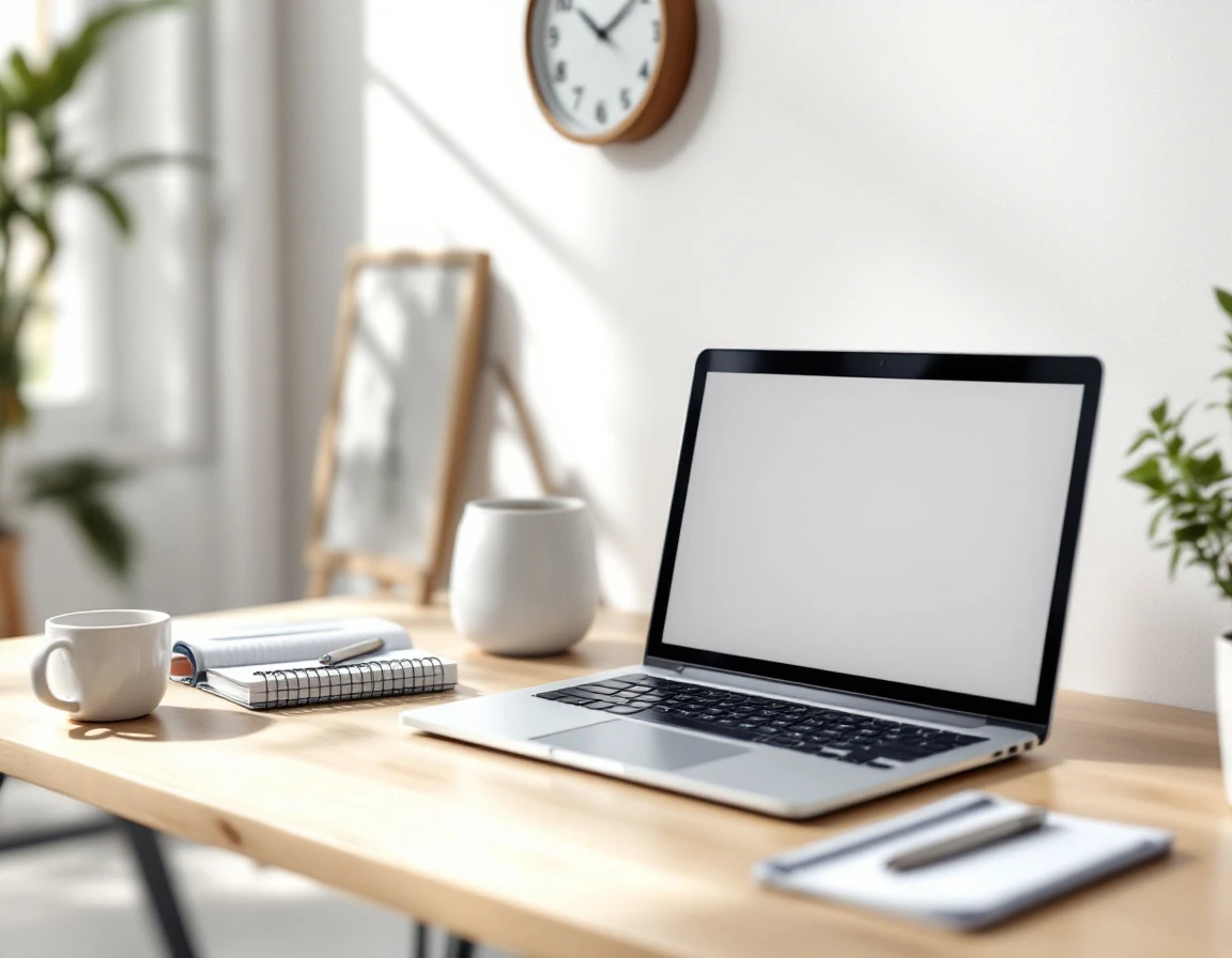 Organized workspace with laptop, calendar, and clock showing efficient scheduling and time management
