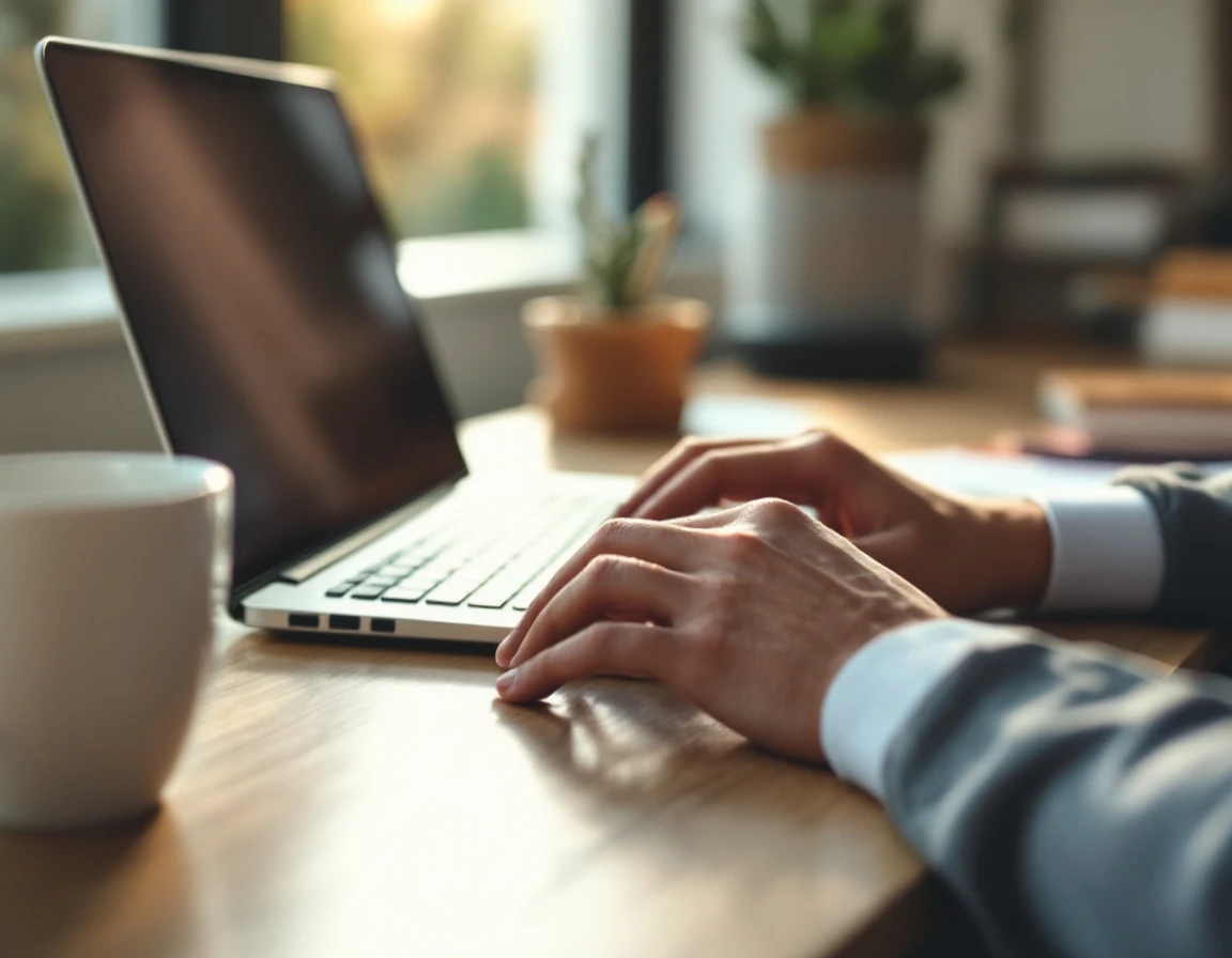 Hands typing on laptop at desk workspace with coffee mug during scheduling work session