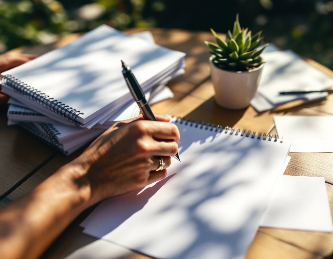 Hands reviewing blank workforce planning papers and notebooks on outdoor table with natural sunlight and shadows