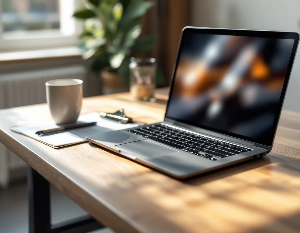 Laptop with blurred screen on wooden desk representing modern workforce scheduling tools