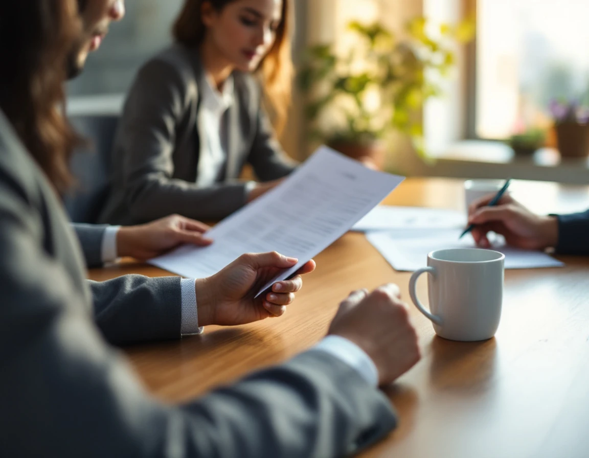 Business professionals reviewing printed reports during a collaborative team meeting at a wooden conference table