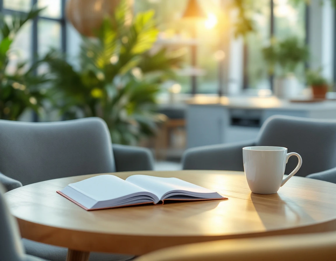 Office breakroom with benefits materials and coffee mug in natural morning light
