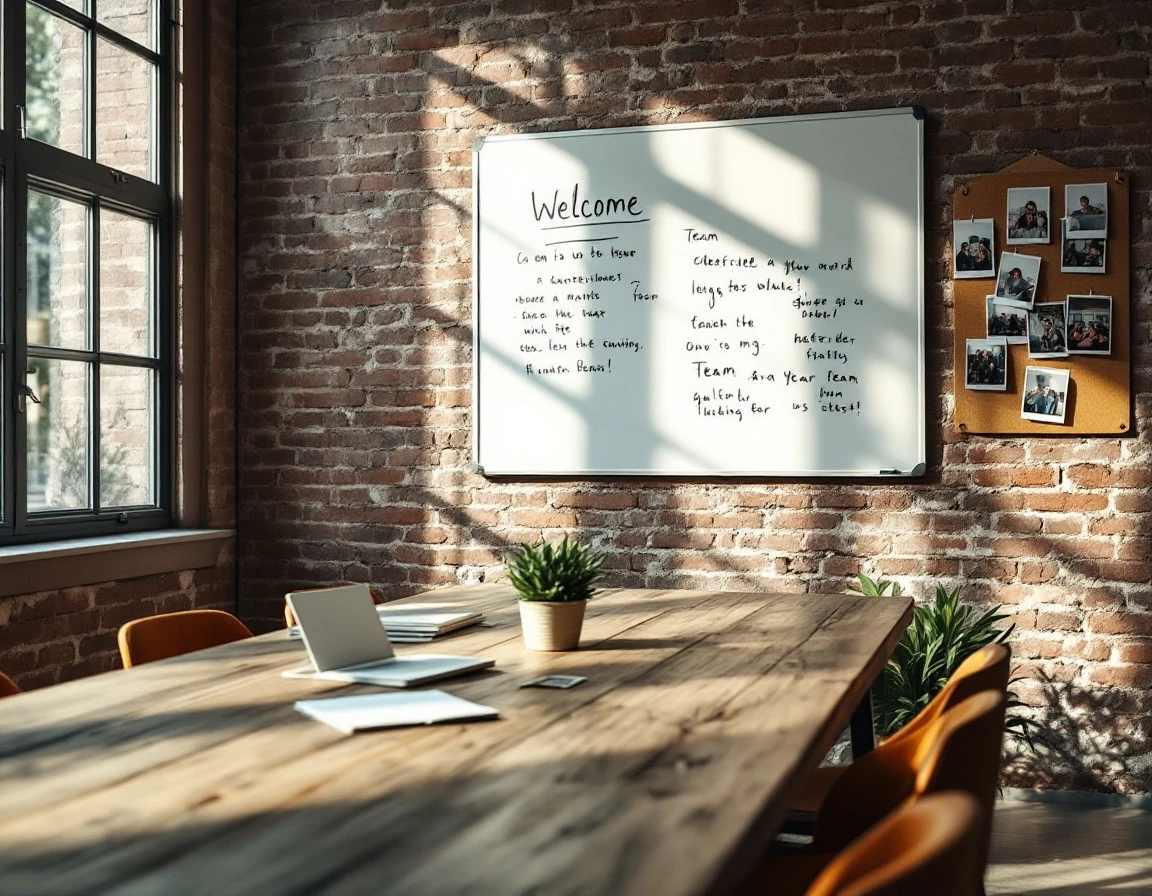 Office workspace with welcome materials, whiteboard notes, and team photos showing authentic collaboration environment