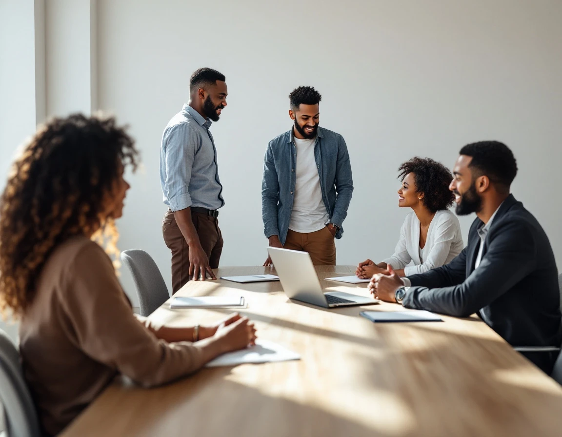 Diverse team collaborating around office table in natural afternoon light showing authentic workplace connection