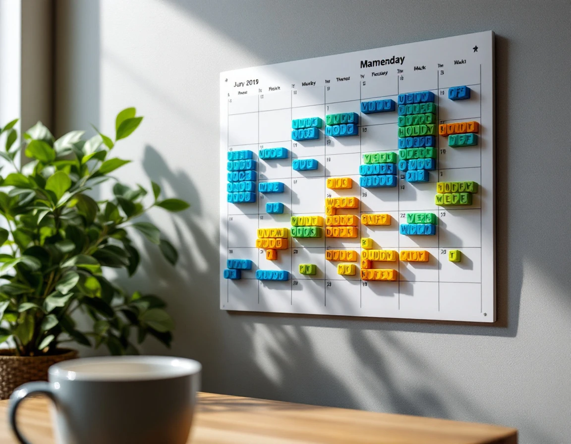 Scheduling board with colorful magnetic blocks showing overlapping vacation requests during peak holiday periods