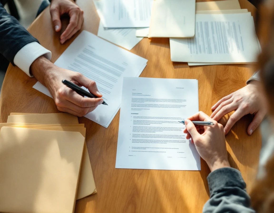 Two people reviewing blank paperwork and forms at wooden desk from overhead perspective