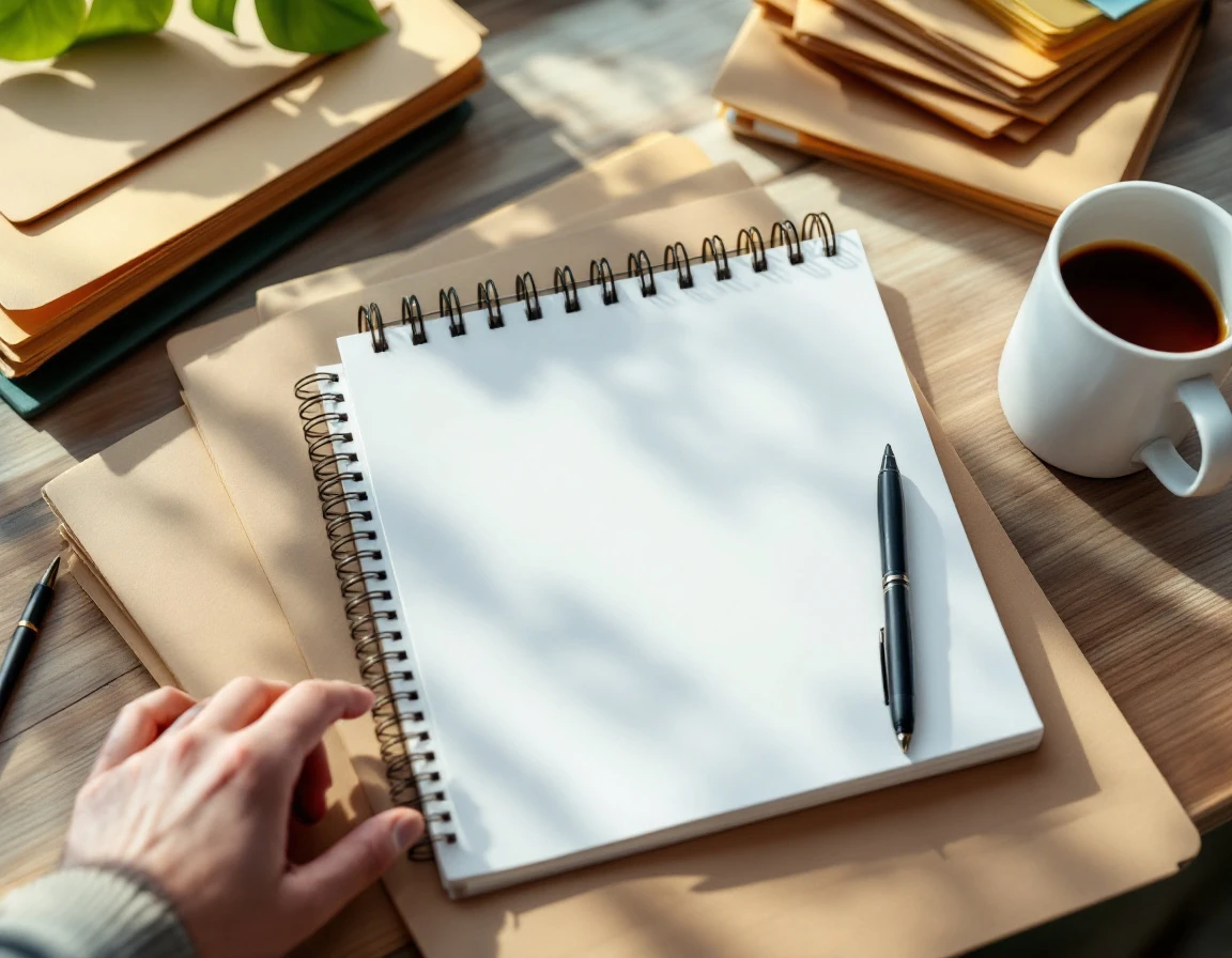 Office desk with blank calendar, folders, and hand reaching to document employee time-off scheduling