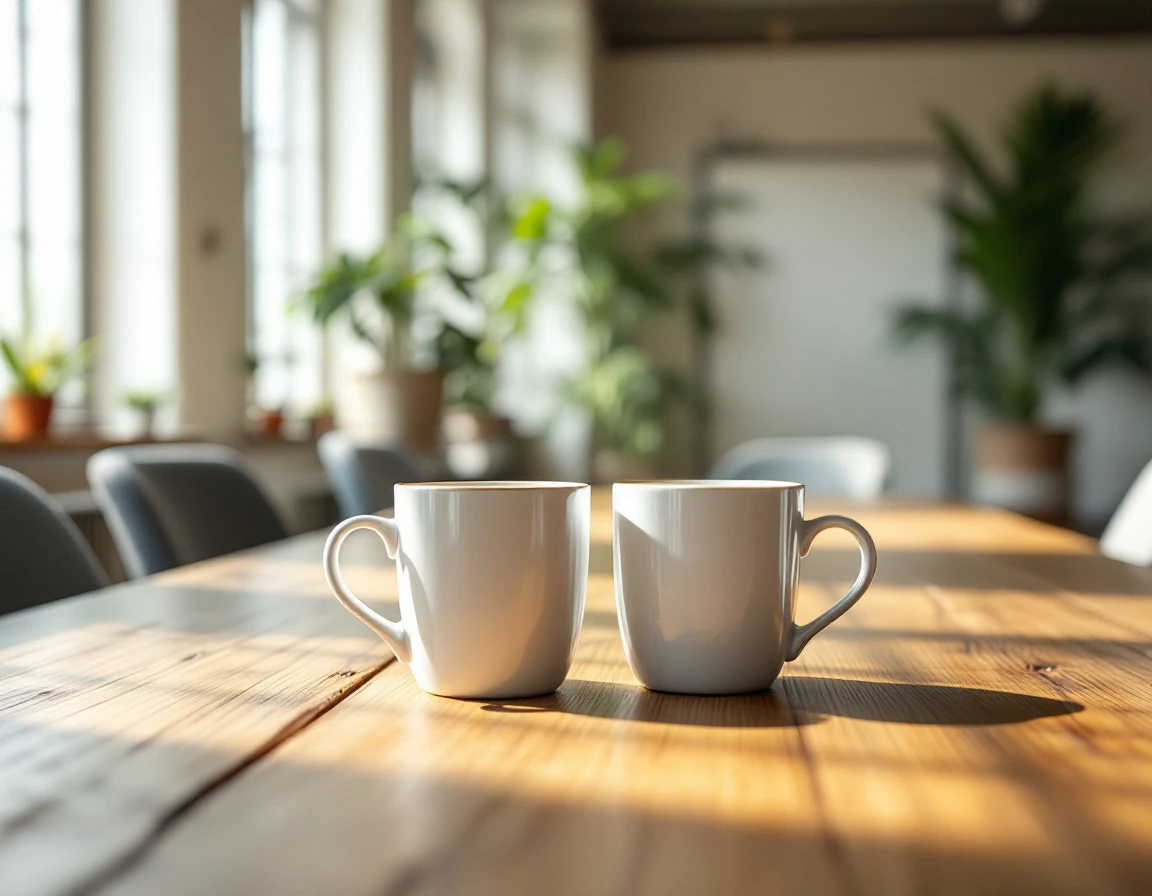 Two coffee mugs on wooden table after morning workplace conversation