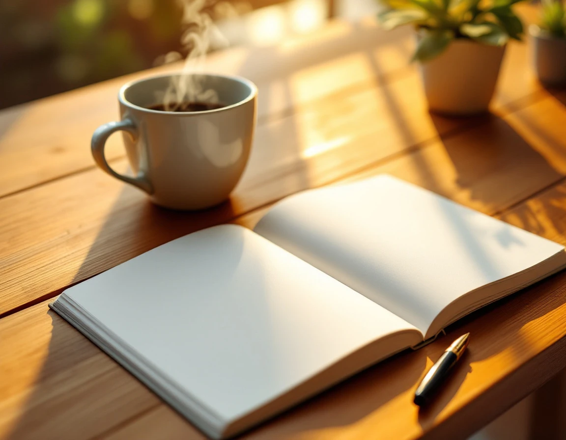 Sunlit desk workspace with blank notebook, coffee mug, and succulent plant in warm morning light