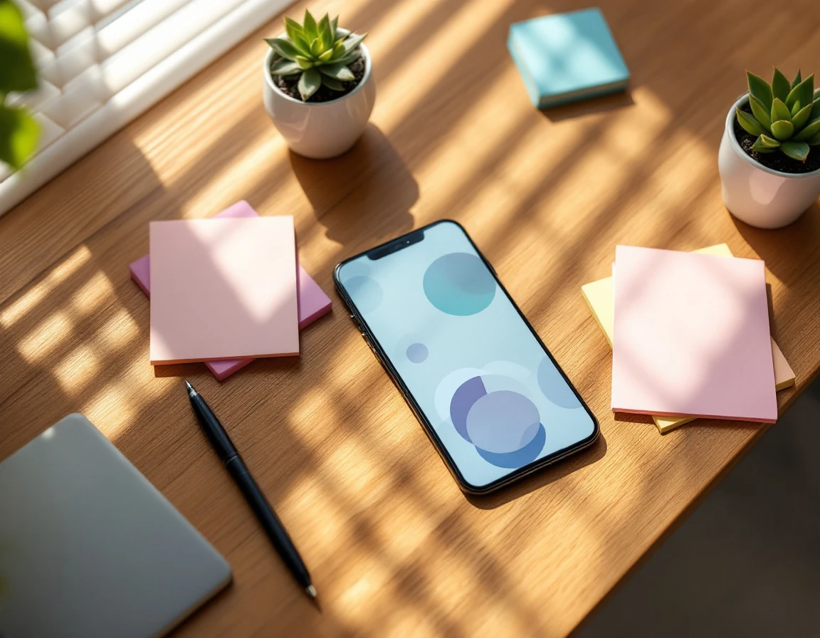 Smartphone displaying abstract scheduling interface on wooden desk with office accessories and natural lighting