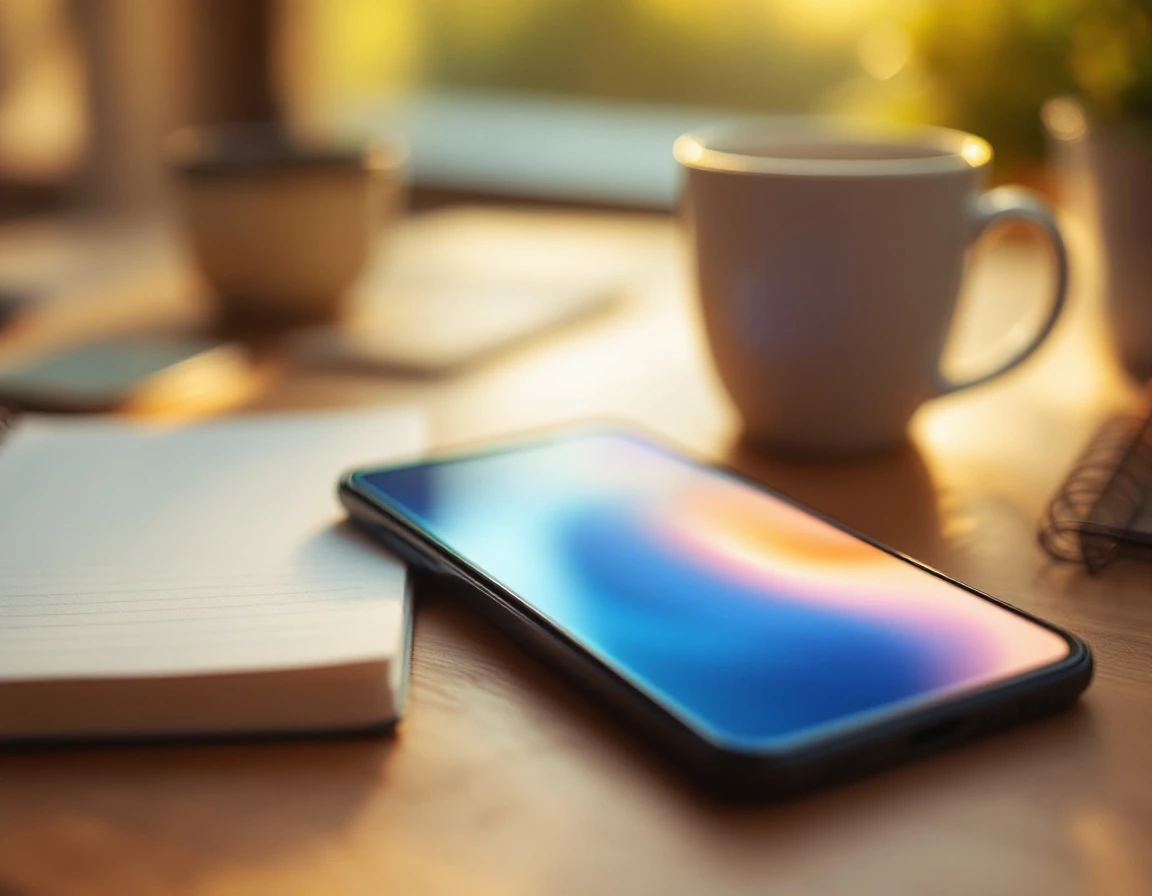 Smartphone with blurred screen resting on wooden desk beside coffee mug in natural window light