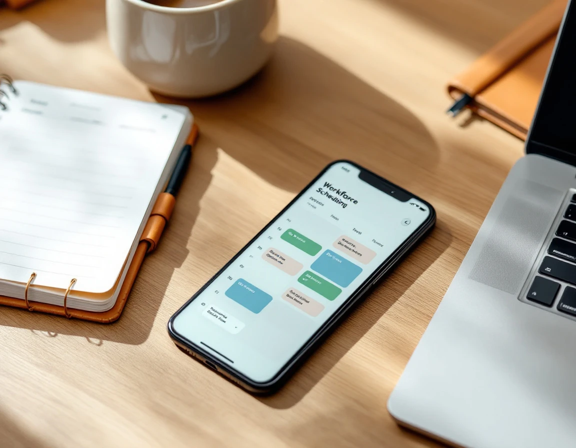 Smartphone displaying scheduling app interface on wooden desk with coffee and planner