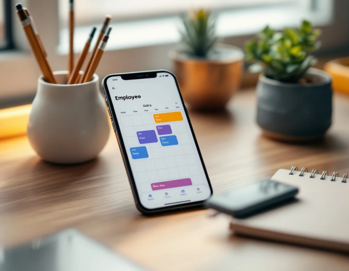 Smartphone displaying employee scheduling app on modern office desk with plants and workspace accessories