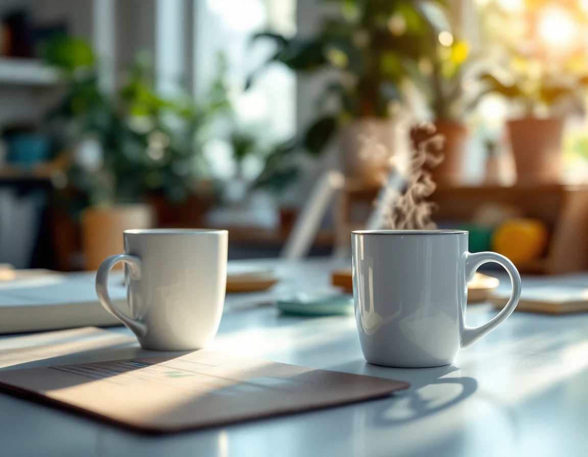 Smartphone displaying colorful workforce scheduling interface on office desk with coffee mug and natural lighting