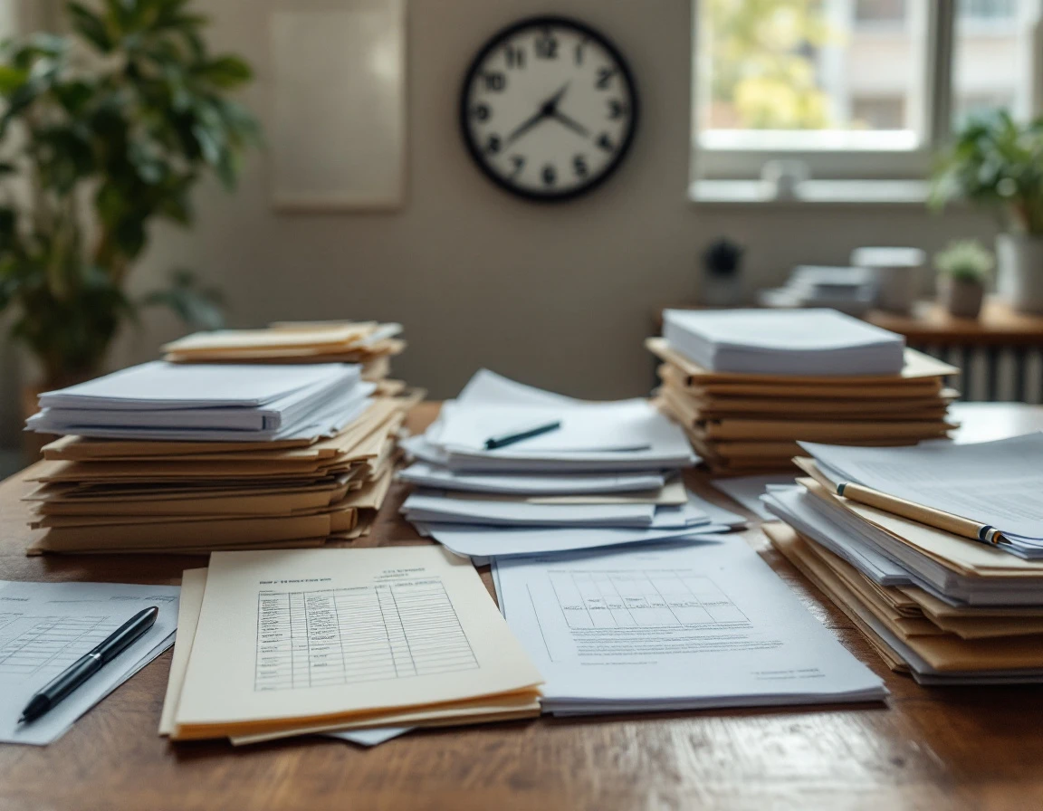Organized workspace with time-tracking materials and wall clock representing workforce compliance planning