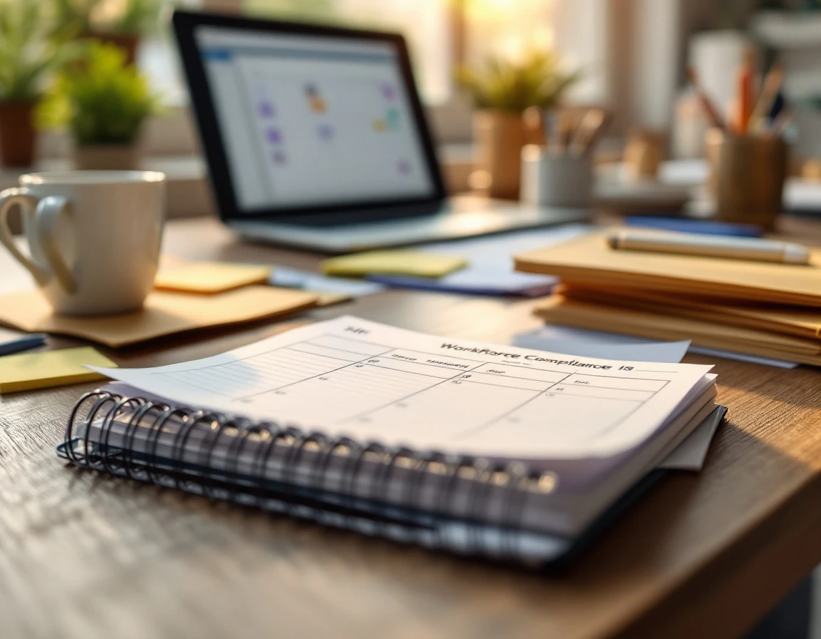 Office desk with HR compliance materials, calendar, and scheduling documents for Q4 workforce planning