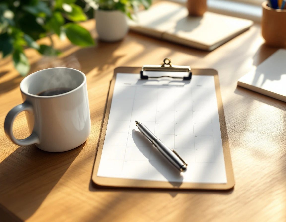 Blank clipboard with unmarked calendar and coffee mug on wooden desk representing attendance tracking workspace