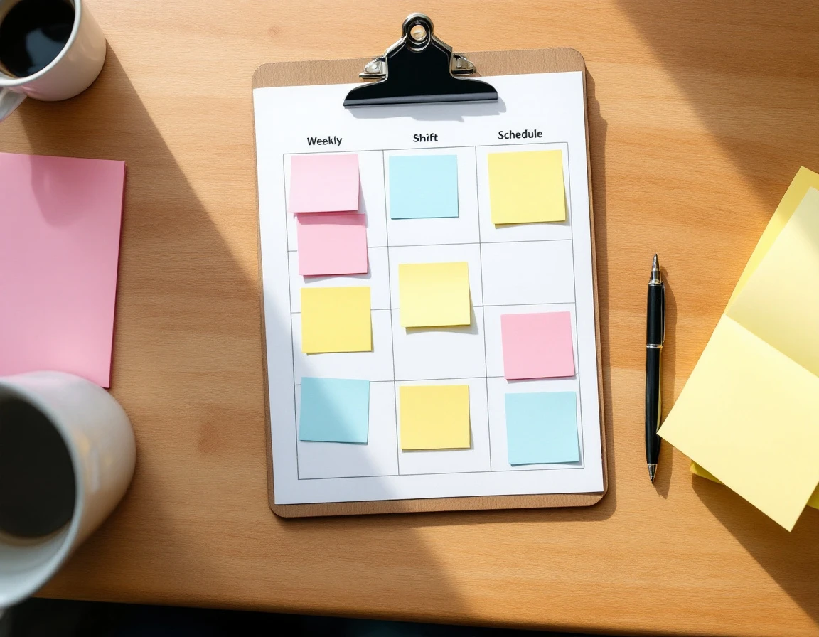 Color-coded blank sticky notes arranged in organized grid pattern on scheduling clipboard at desk workspace