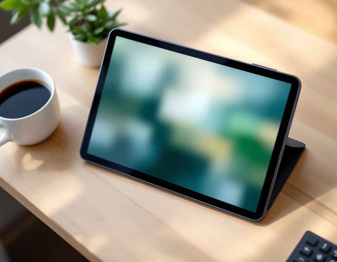 Tablet displaying abstract scheduling interface on minimal workspace desk with coffee and plant