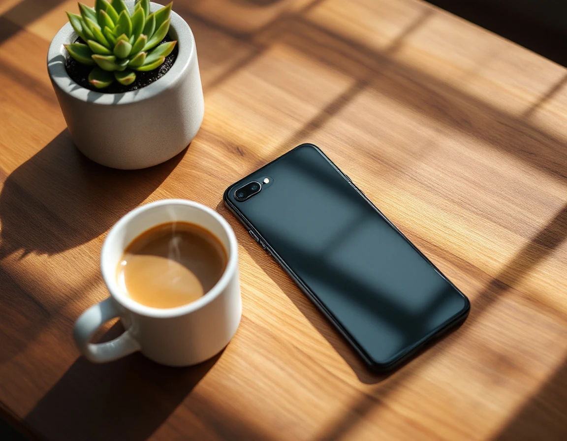 Smartphone placed face-down on wooden desk beside coffee mug and succulent plant in minimalist workspace