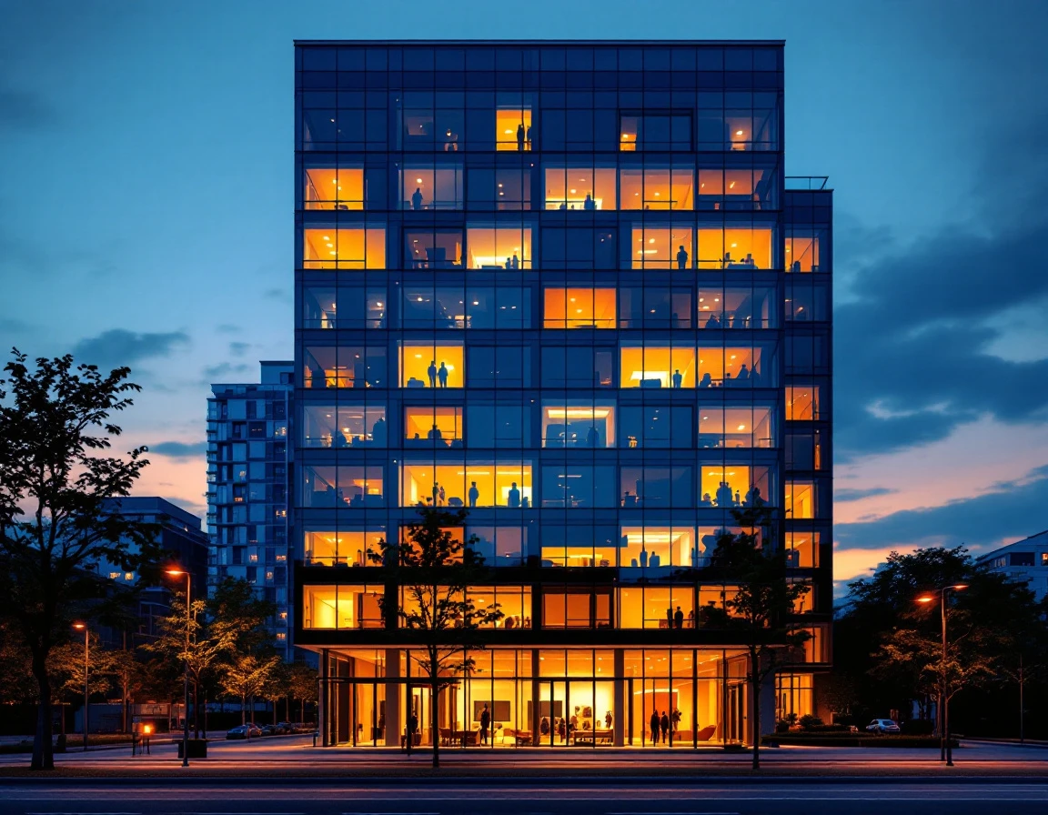Office building with scattered illuminated windows showing irregular patterns of operational activity