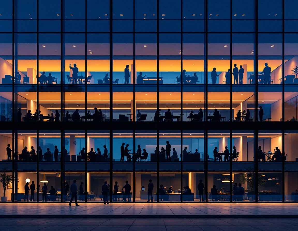 Modern office building at dusk with visible collaborative work activity through illuminated windows