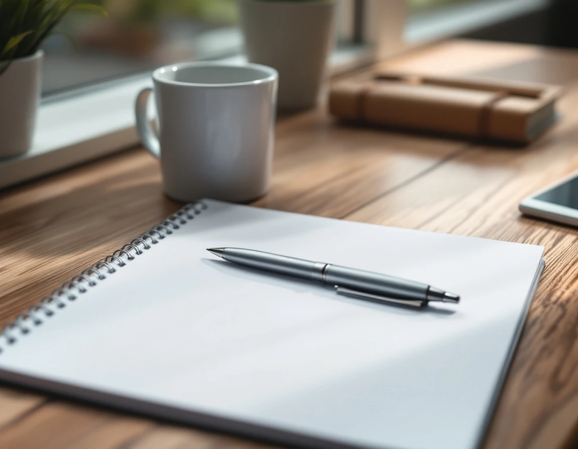 Blank notepad with pen and coffee mug on wooden desk in natural morning light
