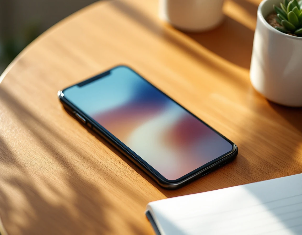 Smartphone with abstract gradient display on wooden desk with succulent plant and notebook in natural light