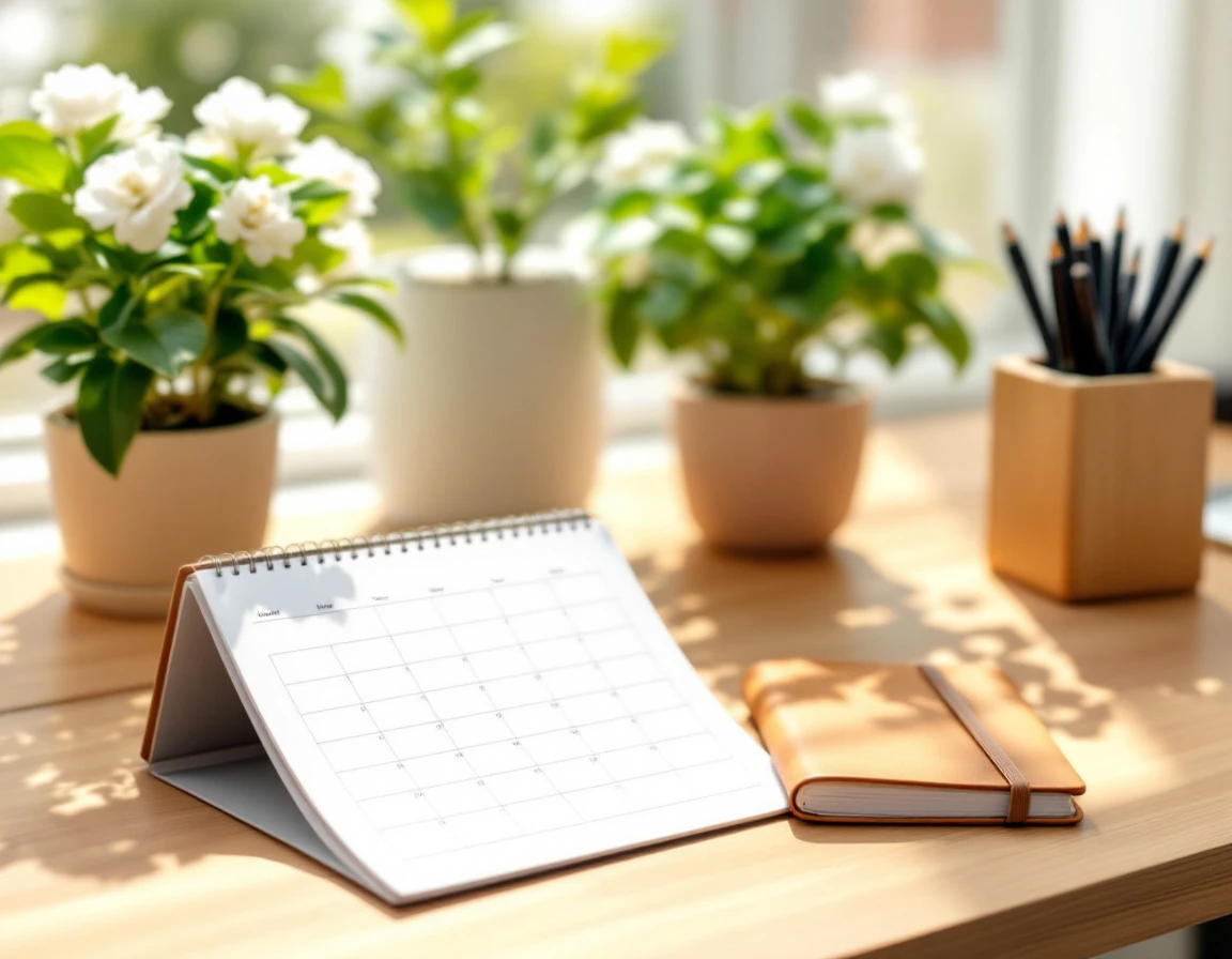 Desktop calendar and leather journal on wooden desk with natural light and potted plants