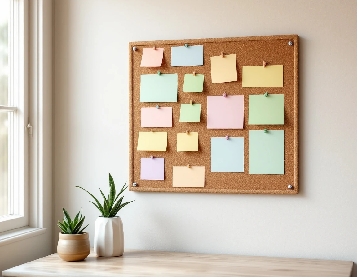 Cork board with organized blank sticky notes and papers showing time-off planning system
