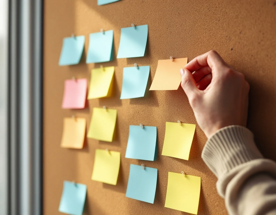 Hand arranging colored sticky notes on cork scheduling board with natural lighting and shallow depth of field