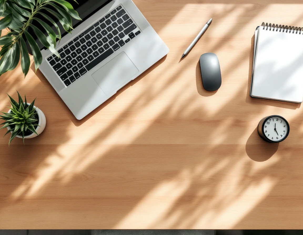 Organized desk workspace with laptop, office supplies, plant, and analog clock in natural lighting