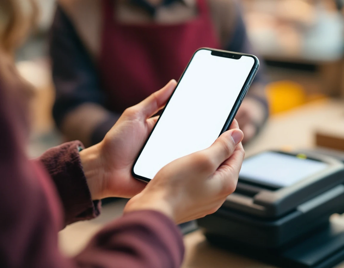 Retail employee holding smartphone with blank screen at checkout counter during quick training session