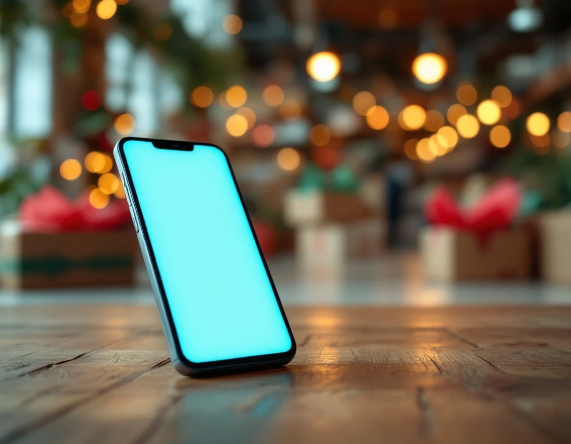 Smartphone on wooden table with blurred retail holiday stockroom environment in background