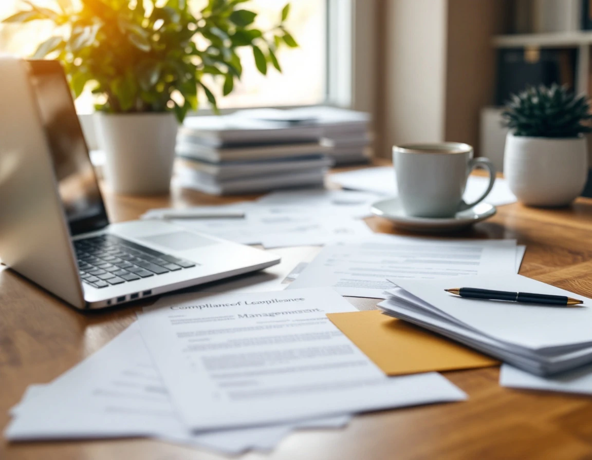 Professional office desk with laptop and business papers in natural lighting