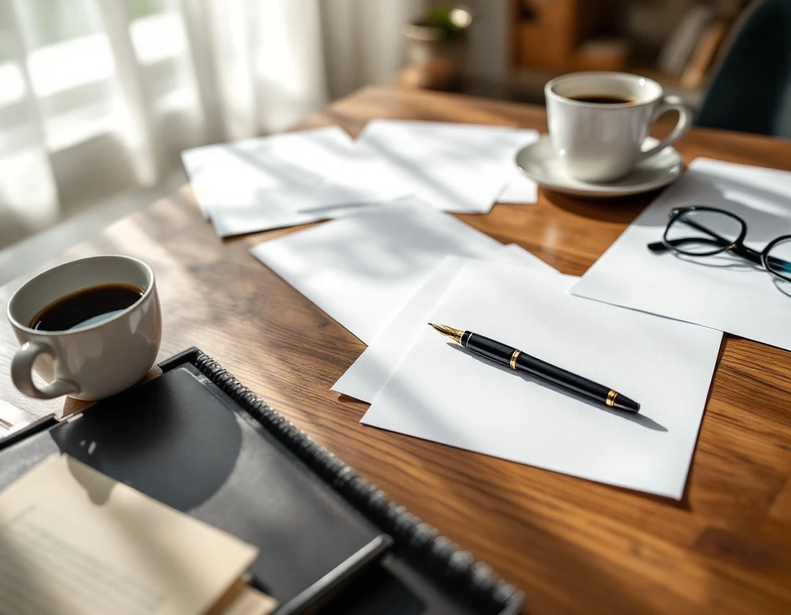 Professional desk workspace with blank papers, pen, and glasses during compliance audit review session