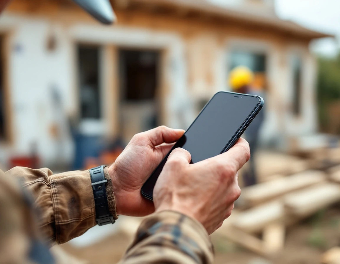 Construction worker checking mobile schedule on smartphone at job site with hard hat and tools visible