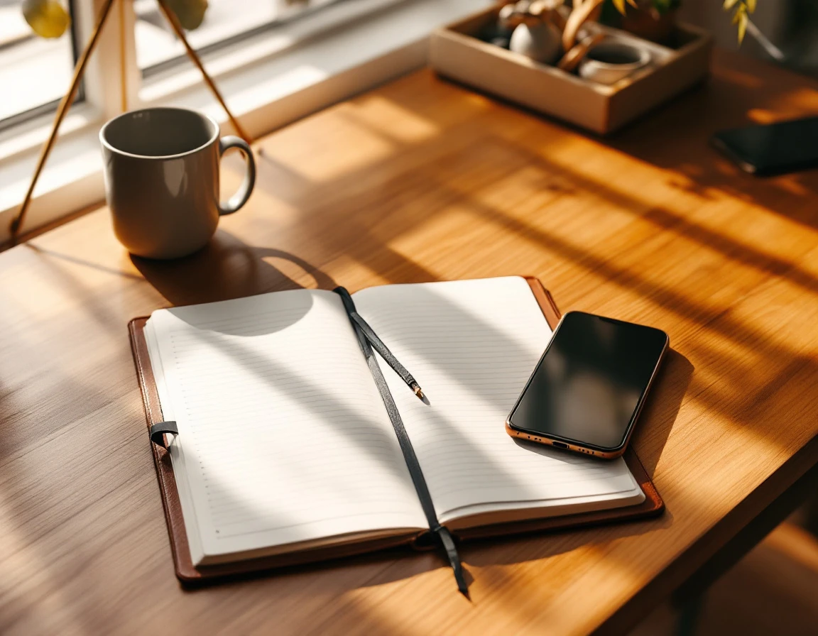 Blank planner and smartphone on wooden desk with warm natural lighting