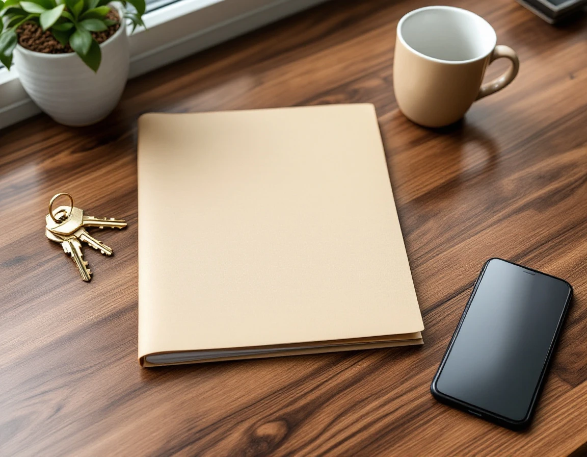 Organized wooden desk with blank folder, coffee mug, keys, and phone in natural light